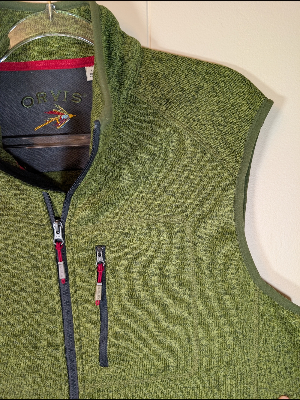 Orvis Fleece Vest Mens Large Green Full Zip Sweater Knit Outdoor Hiking Fishing